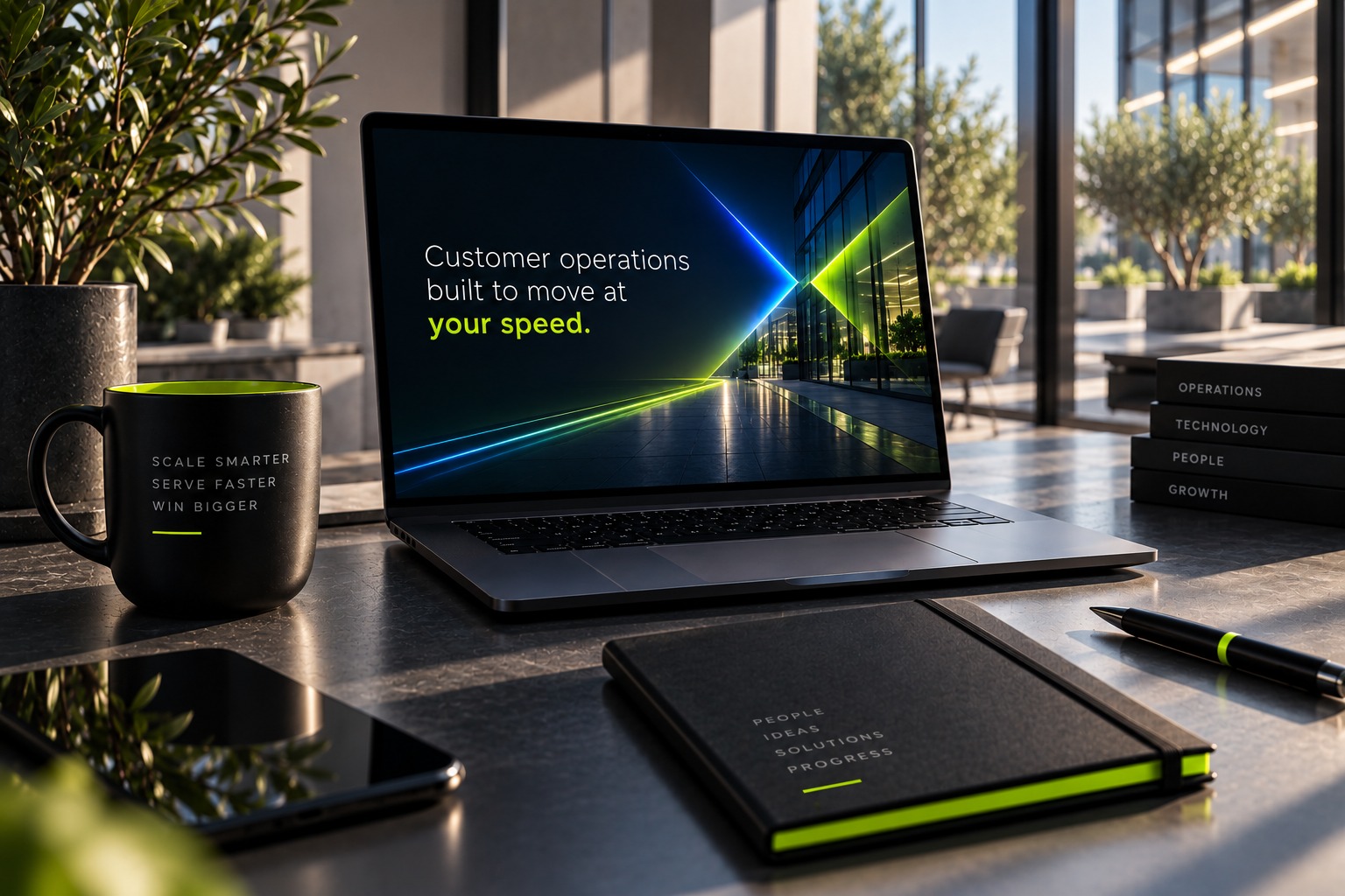 Γραφείο της Apex με laptop, σημειωματάριο και κούπα με το λογότυπο
